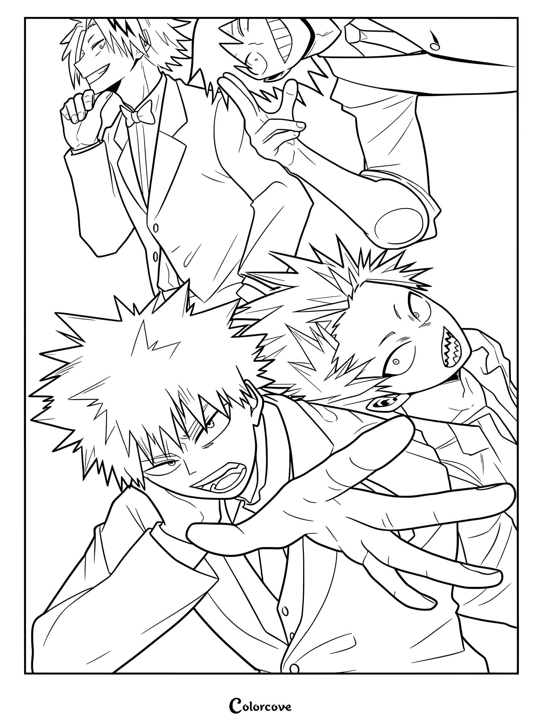 Baku Squad members Katsuki Bakugo, Eijiro Kirishima, Denki Kaminari, and Hanta Sero wearing formal suits in this My Hero Academia coloring page.