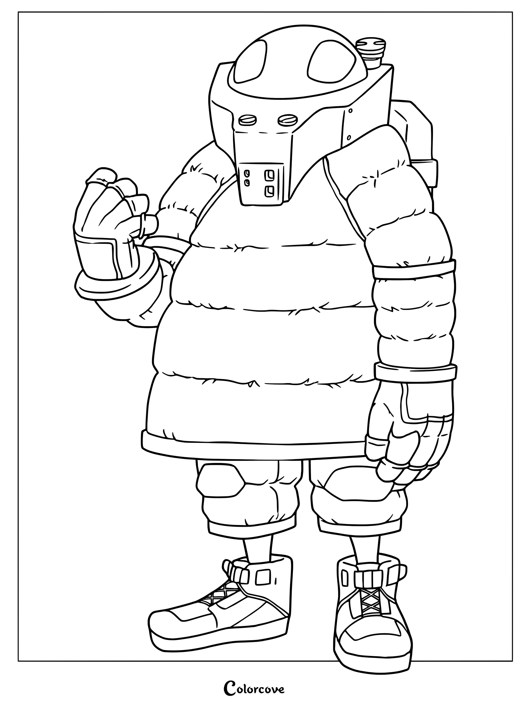 Thirteen from My Hero Academia wearing a bulky space suit, coloring page of the rescue hero standing in a pose.