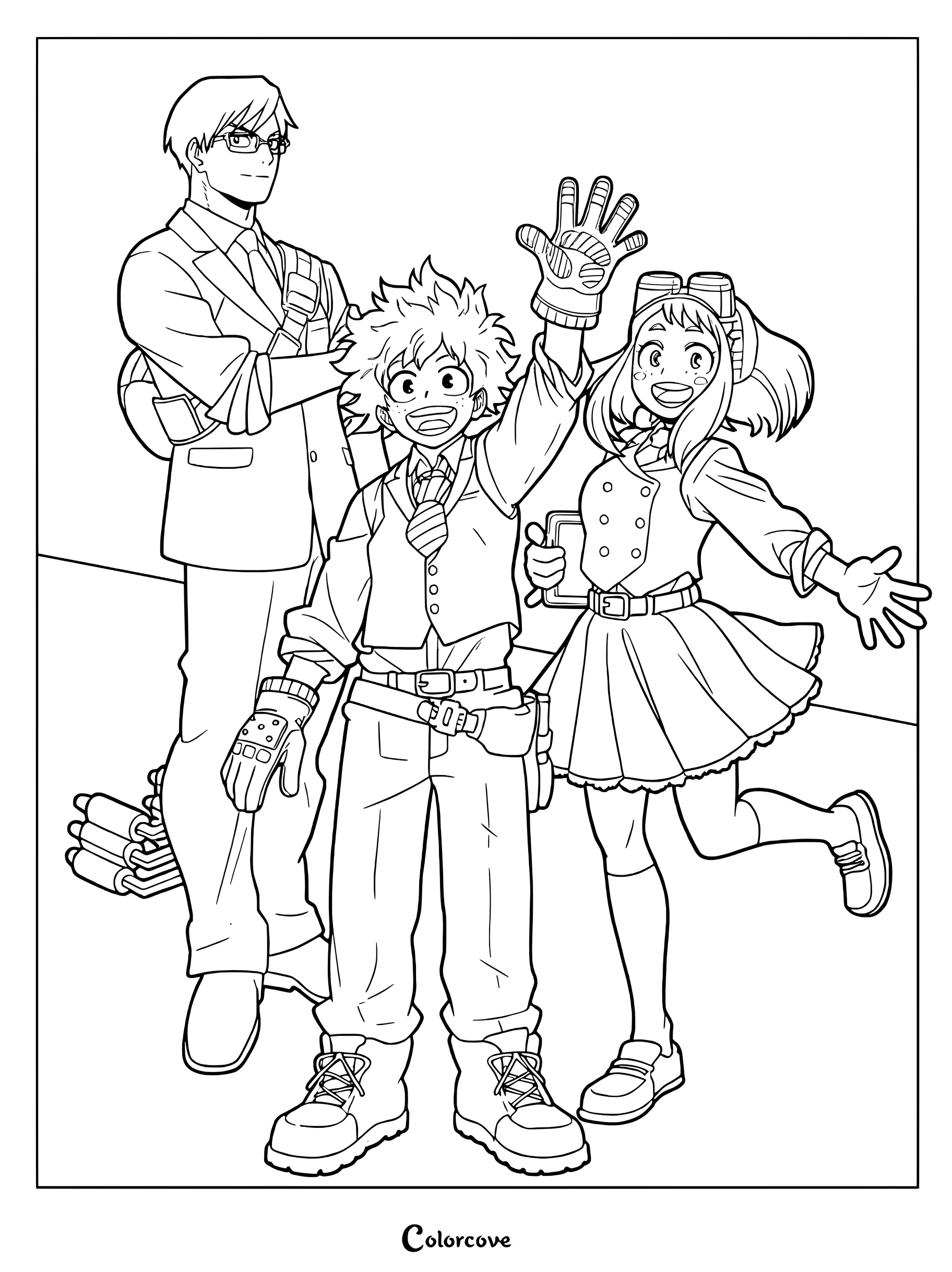 A printable coloring page featuring Izuku Midoriya waving, Ochaco Uraraka smiling, and Tenya Iida standing together in their school uniforms.