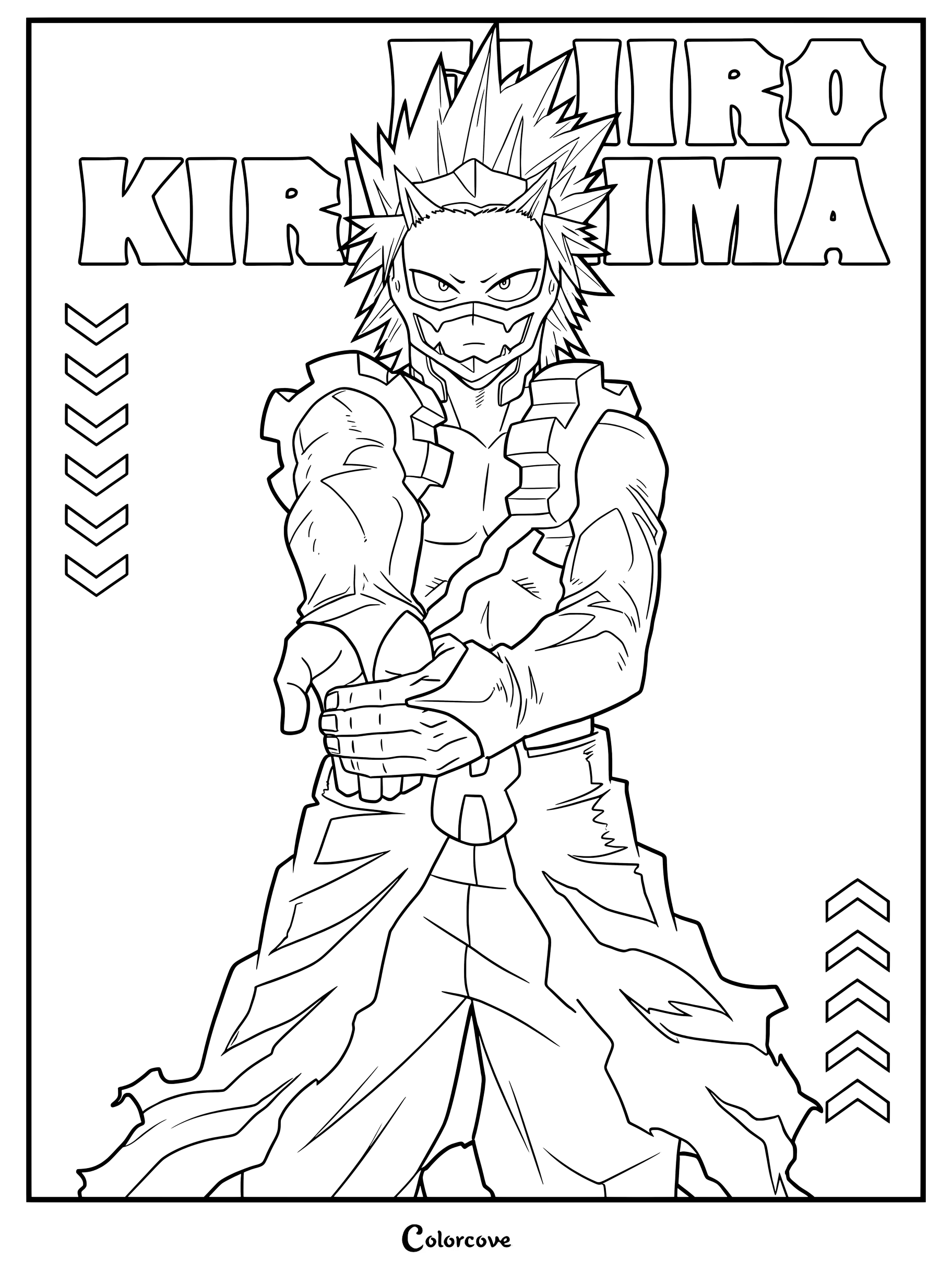 Eijiro Kirishima from My Hero Academia wearing his Red Riot hero costume in a printable coloring page format.