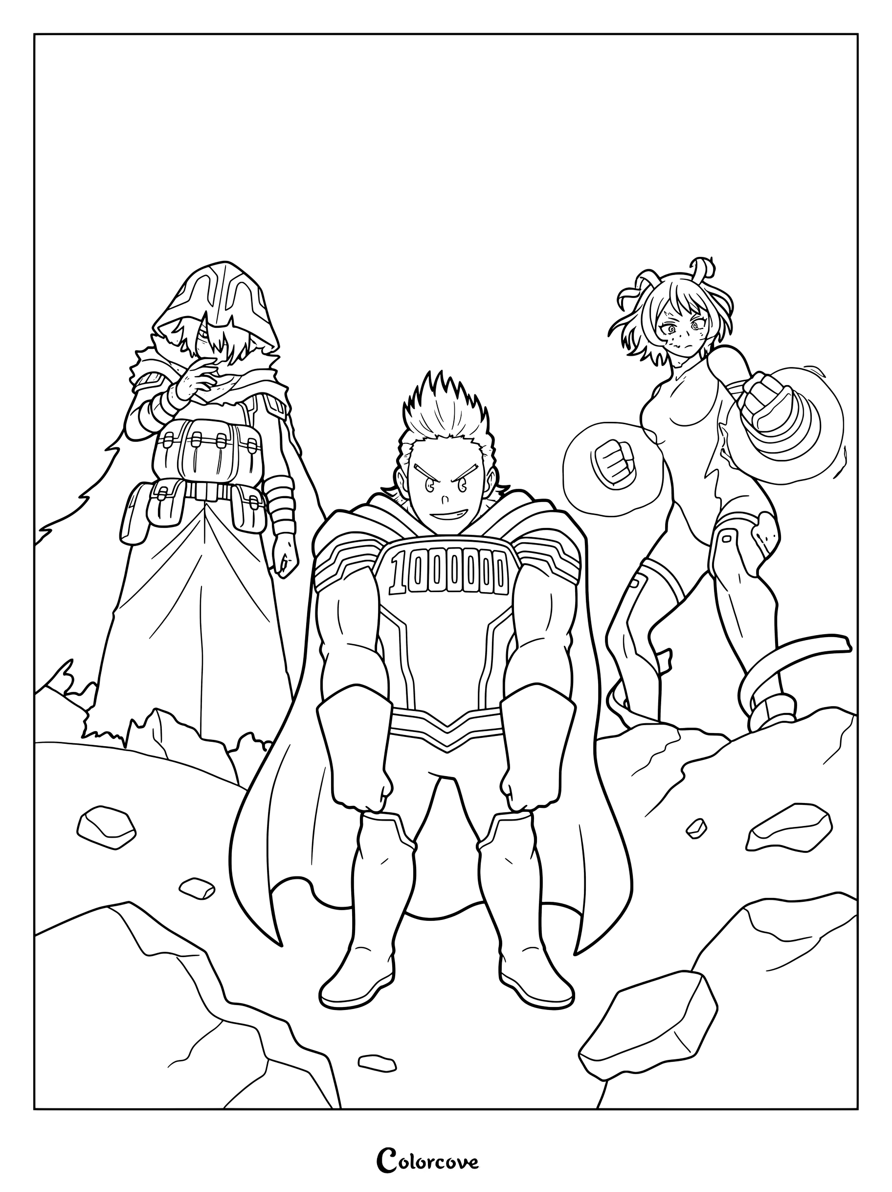Mirio Togata, Nejire Hado, and Tamaki Amajiki in hero costumes on this My Hero Academia coloring page.