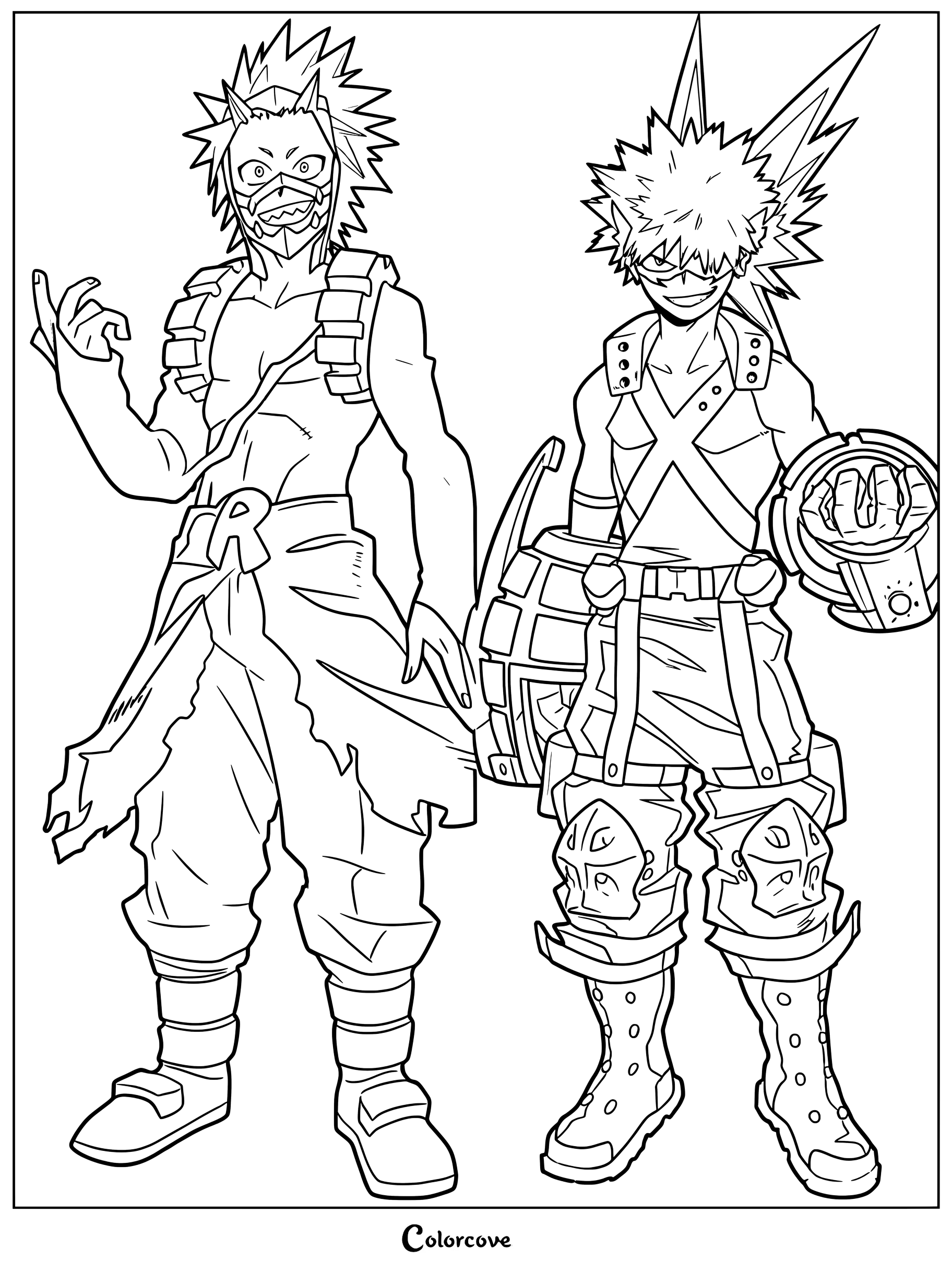 Line art coloring page featuring Katsuki Bakugo in his hero costume with grenade gauntlets and Eijiro Kirishima in his Red Riot gear.
