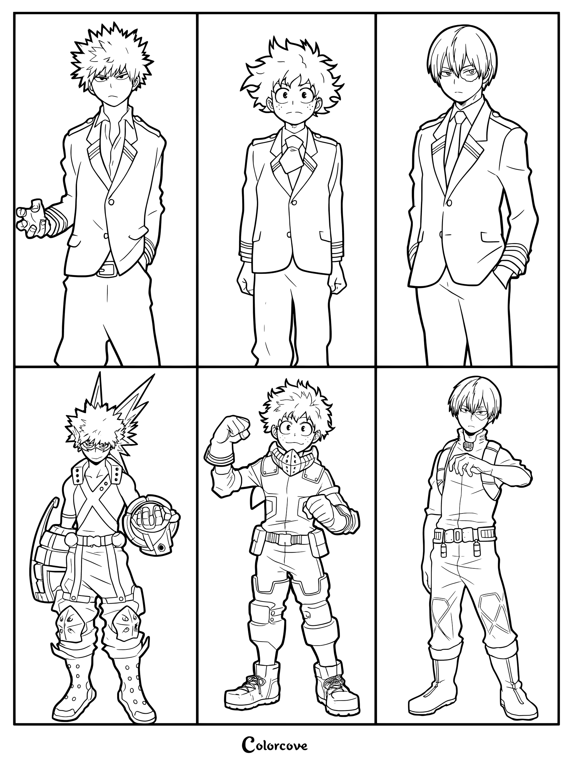 A printable coloring page featuring character reference sheets for Katsuki Bakugo, Izuku Midoriya, and Shoto Todoroki from My Hero Academia, shown in both their U.A. High school uniforms and their distinct hero costumes.