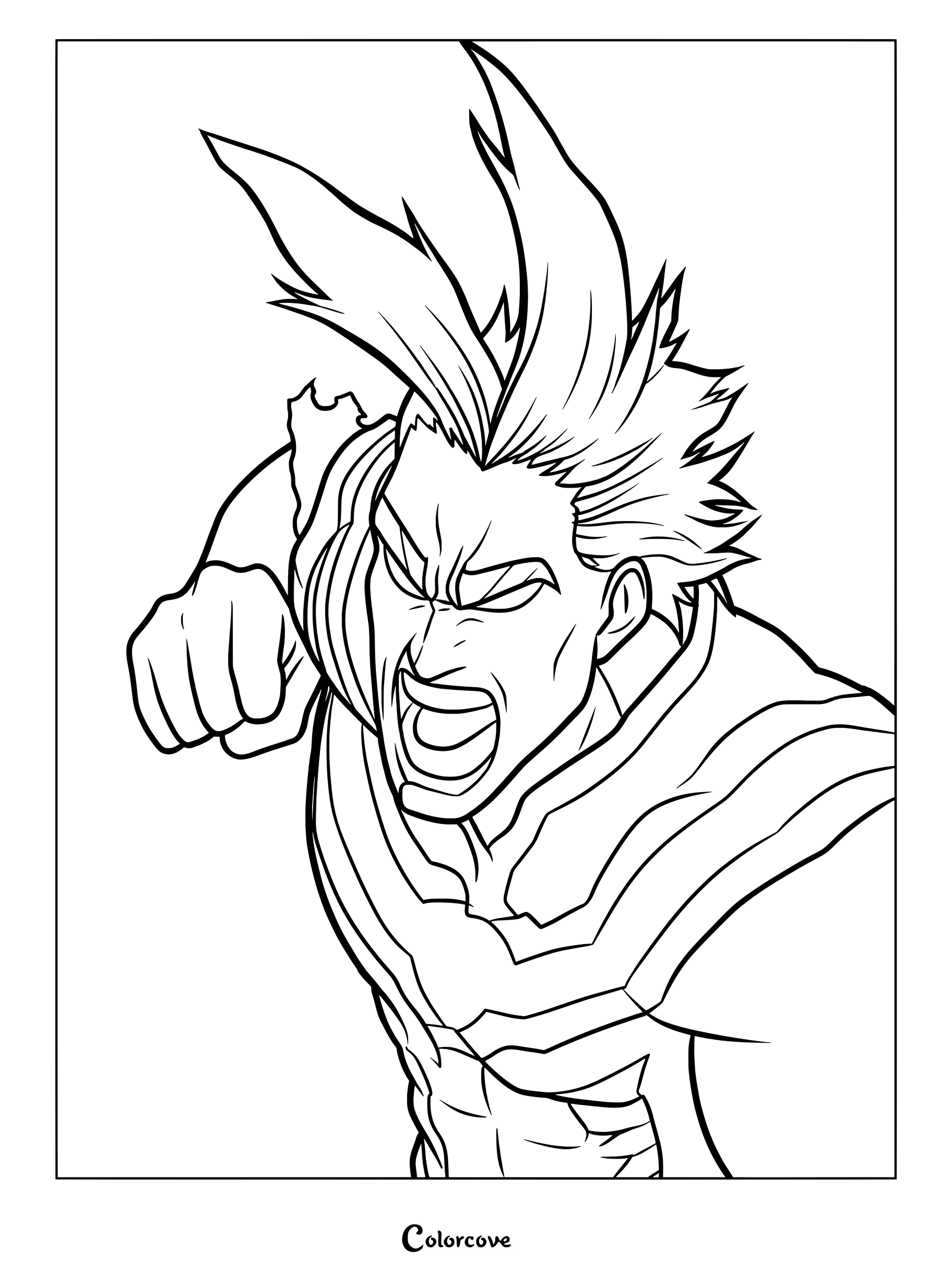 A detailed coloring page of All Might from My Hero Academia with his signature spiky hair and intense shouting expression while throwing a punch.