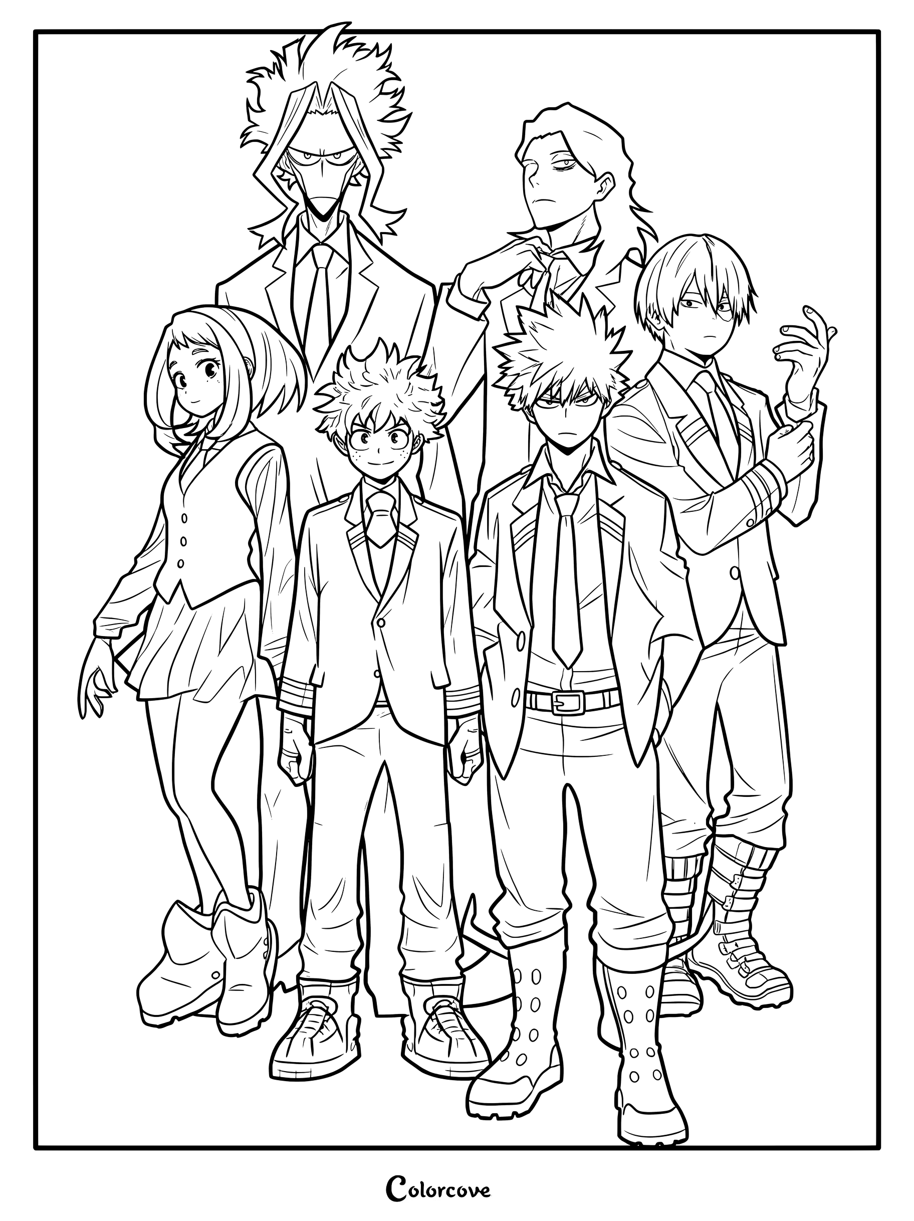 My Hero Academia coloring page featuring All Might, Shota Aizawa, Izuku Midoriya, Katsuki Bakugo, Ochaco Uraraka, and Shoto Todoroki in formal attire.
