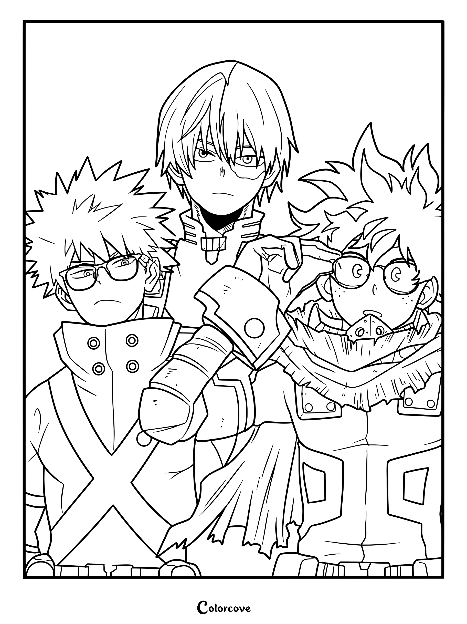 Izuku Midoriya, Katsuki Bakugo, and Shoto Todoroki wearing glasses in this My Hero Academia fan art coloring page inspired by the Zoff collaboration.