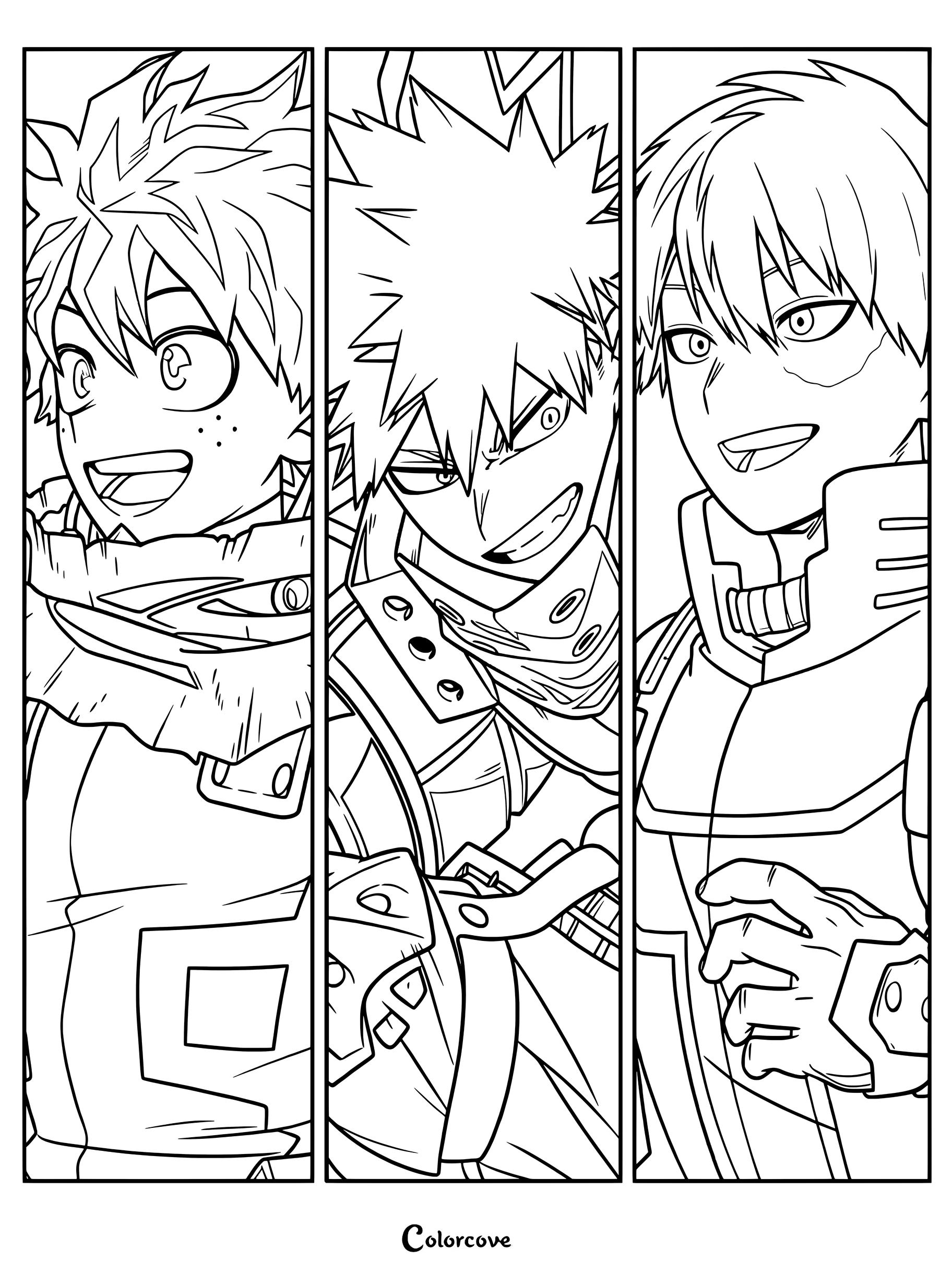 My Hero Academia coloring page featuring Izuku Midoriya, Katsuki Bakugo, and Shoto Todoroki in their hero costumes.