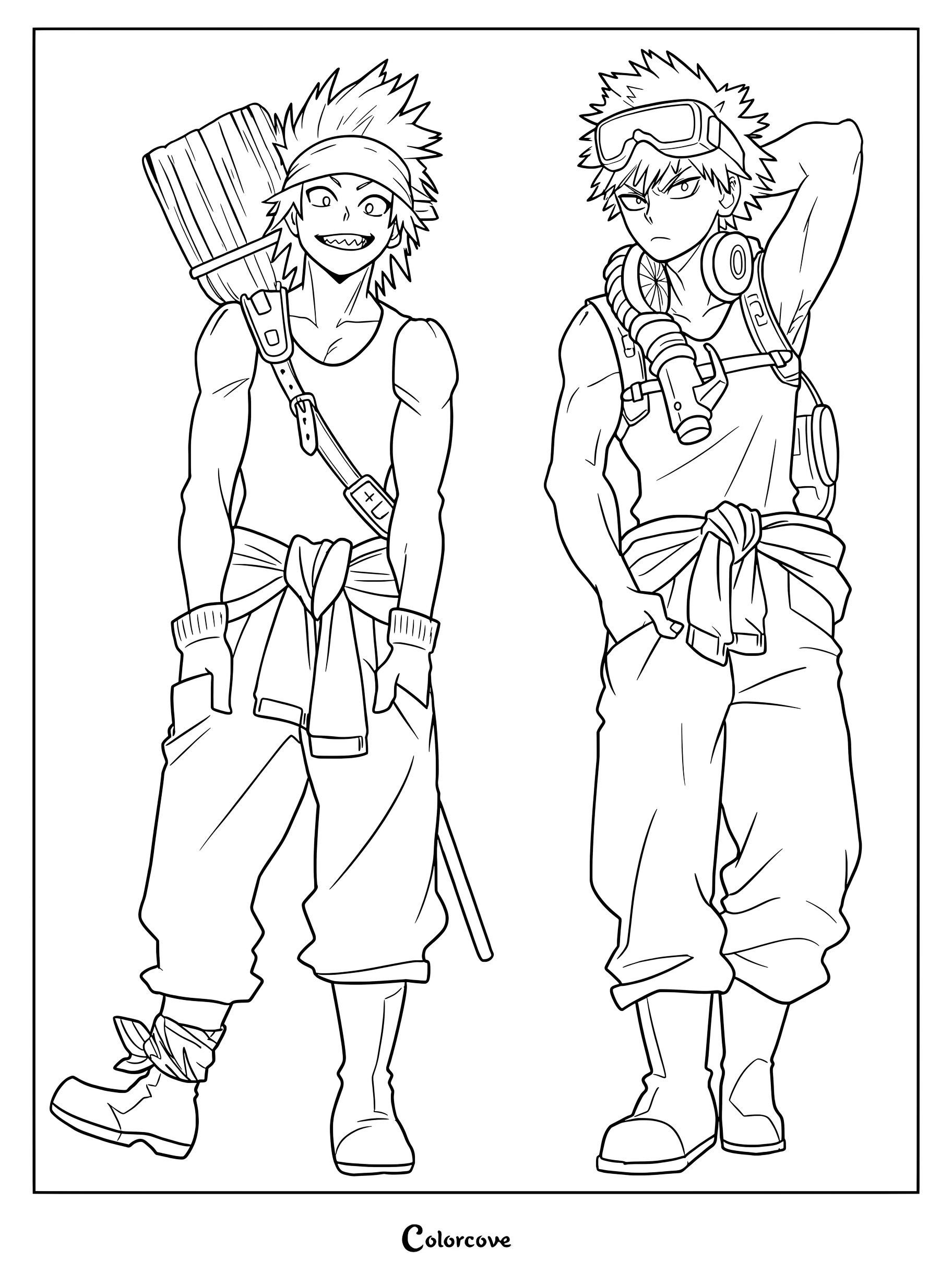 Katsuki Bakugo and Eijiro Kirishima from My Hero Academia dressed as cleaning supply models in a printable coloring page.