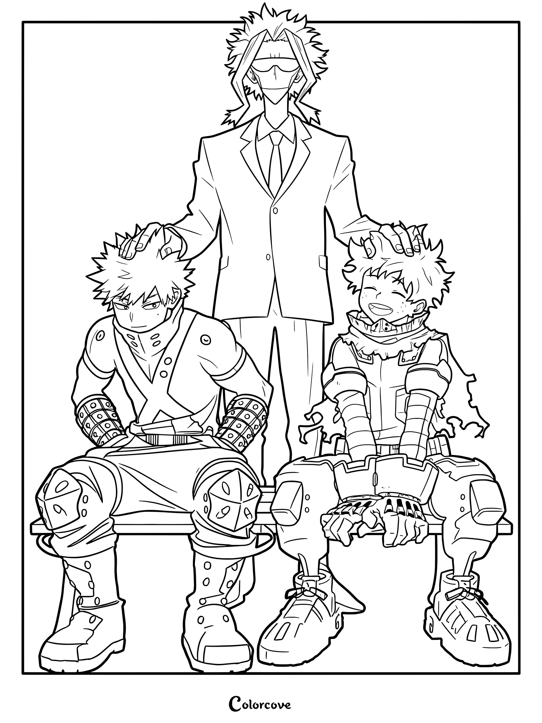 A printable coloring page featuring All Might standing behind Katsuki Bakugo and Izuku Midoriya who are sitting on a bench.