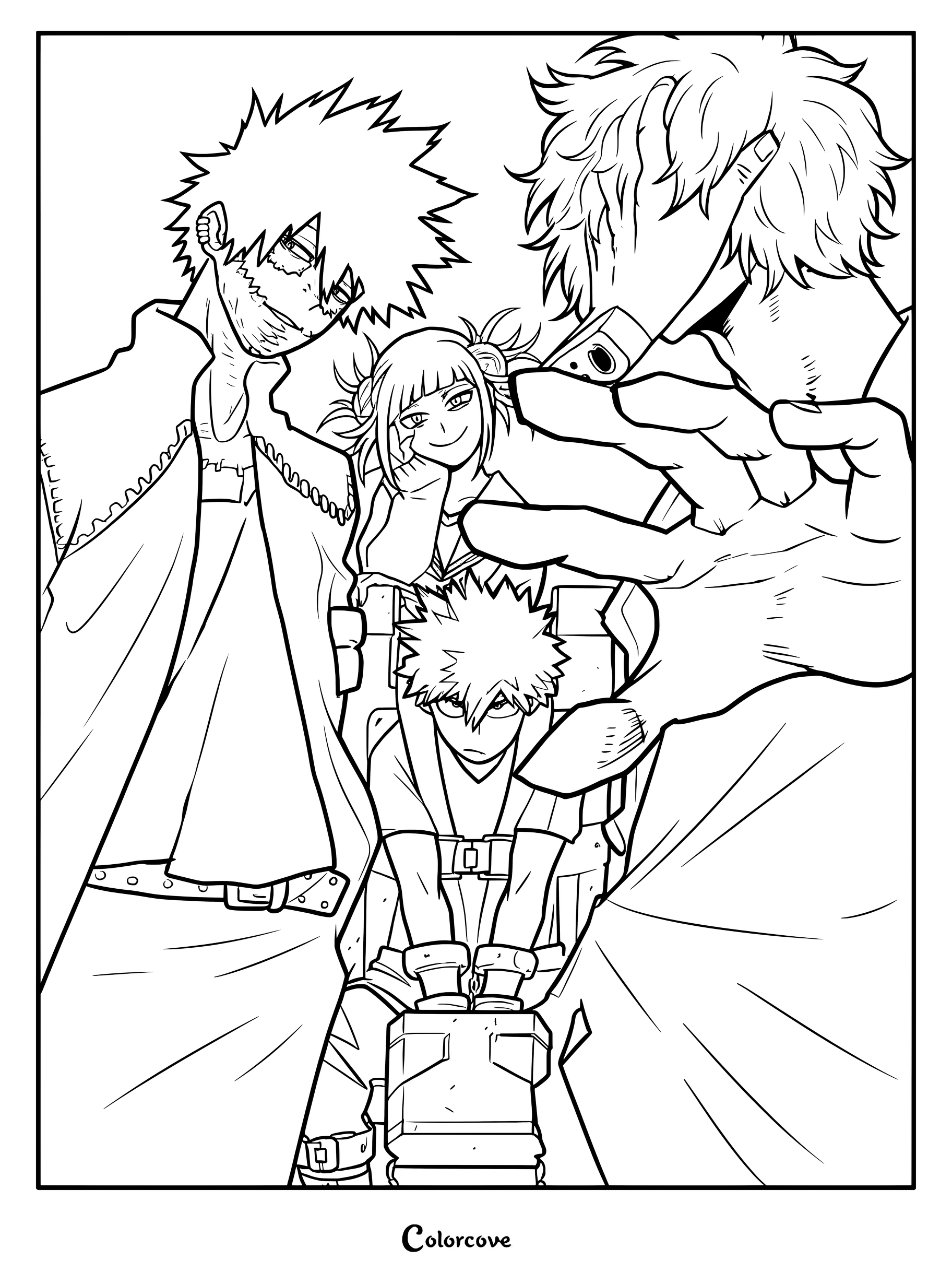 League of Villains members Dabi, Tomura Shigaraki, and Himiko Toga surrounding a captured Katsuki Bakugo in this My Hero Academia coloring page.