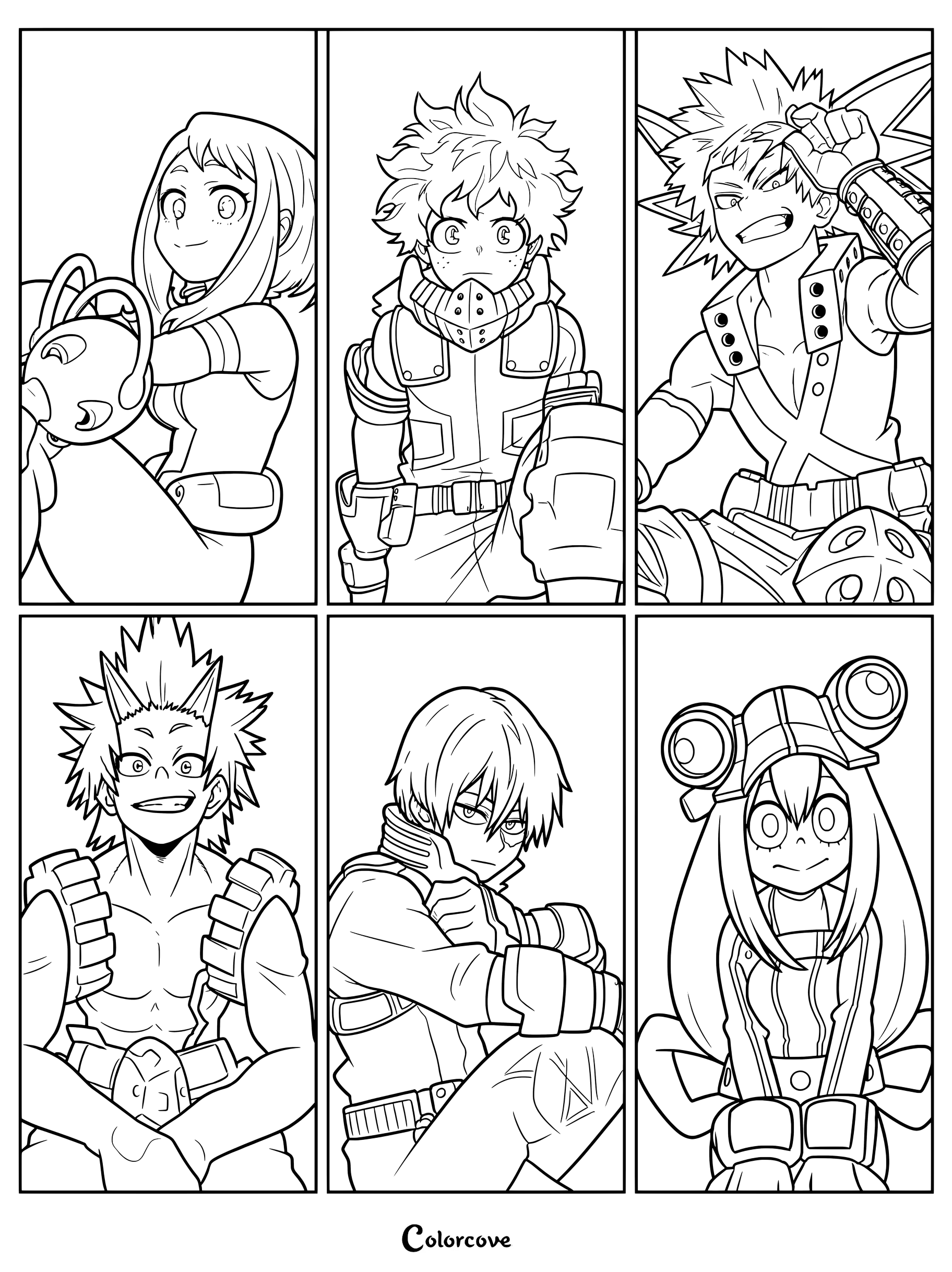 Printable coloring page featuring My Hero Academia Class 1-A characters Izuku Midoriya, Katsuki Bakugo, Ochaco Uraraka, Eijiro Kirishima, Shoto Todoroki, and Tsuyu Asui from the Hero Plaza collaboration.