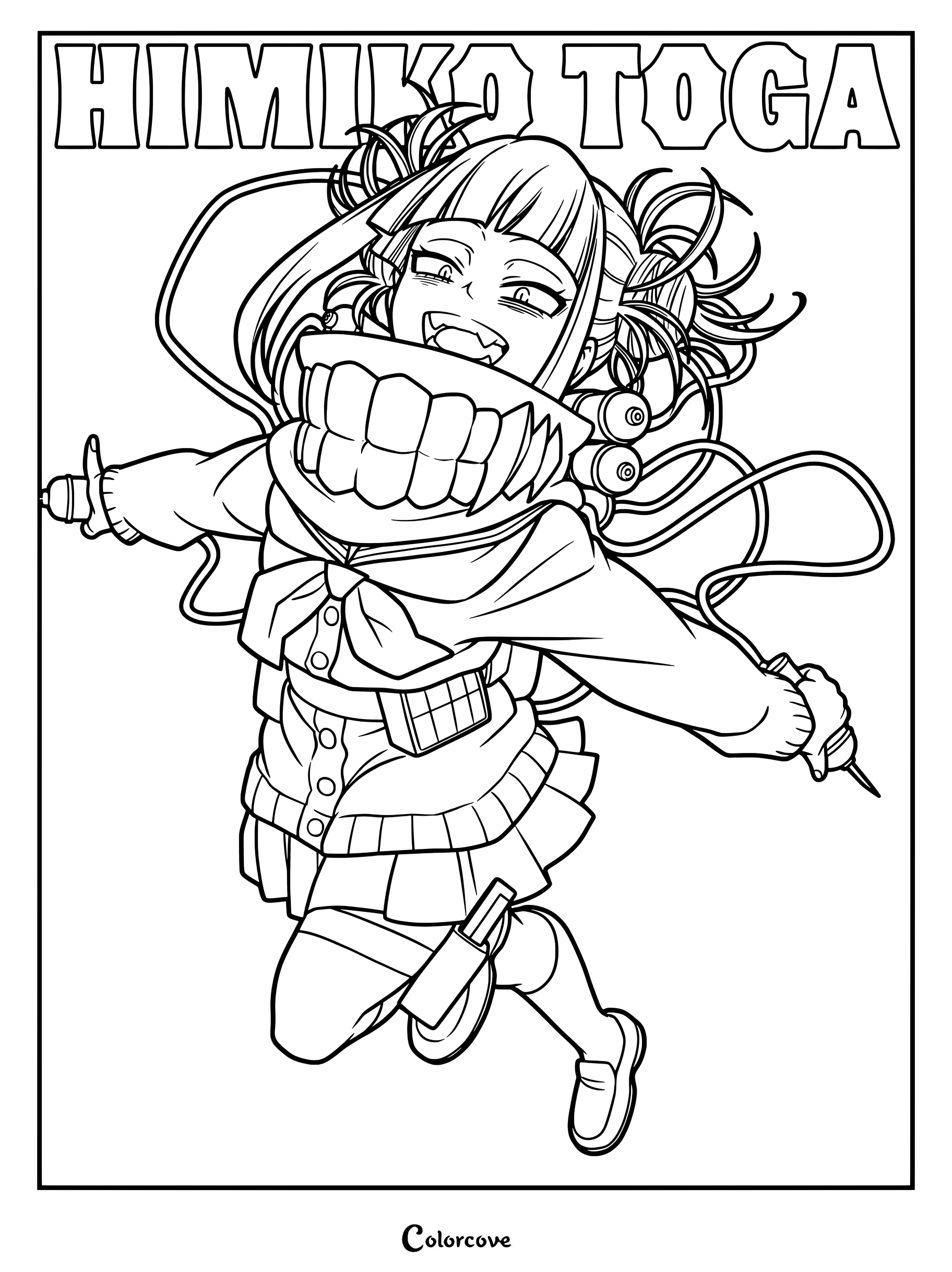 Himiko Toga from My Hero Academia wearing her signature mask and gear in this detailed line art coloring page.