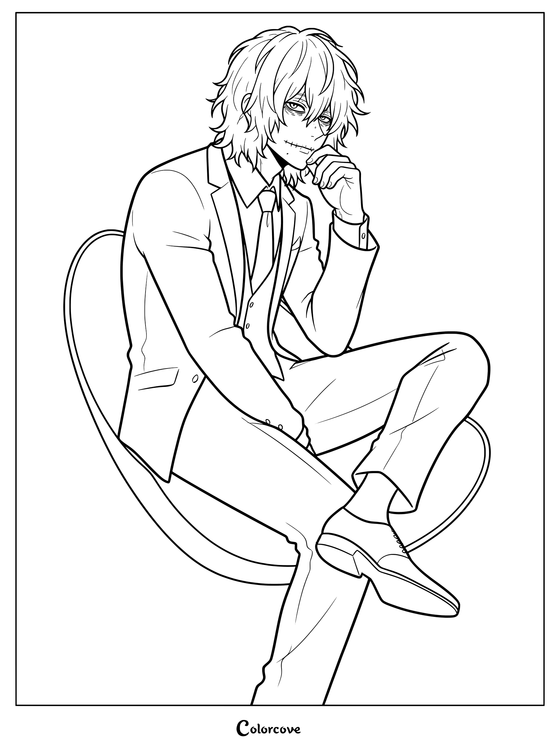 Tomura Shigaraki from My Hero Academia wearing a formal suit and sitting in a chair, detailed line art coloring page.