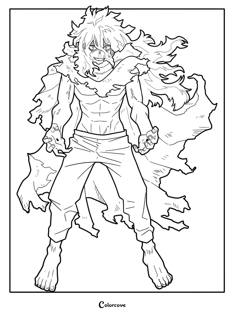 Tomura Shigaraki with wild hair and tattered cape in a menacing stance, printable coloring page.