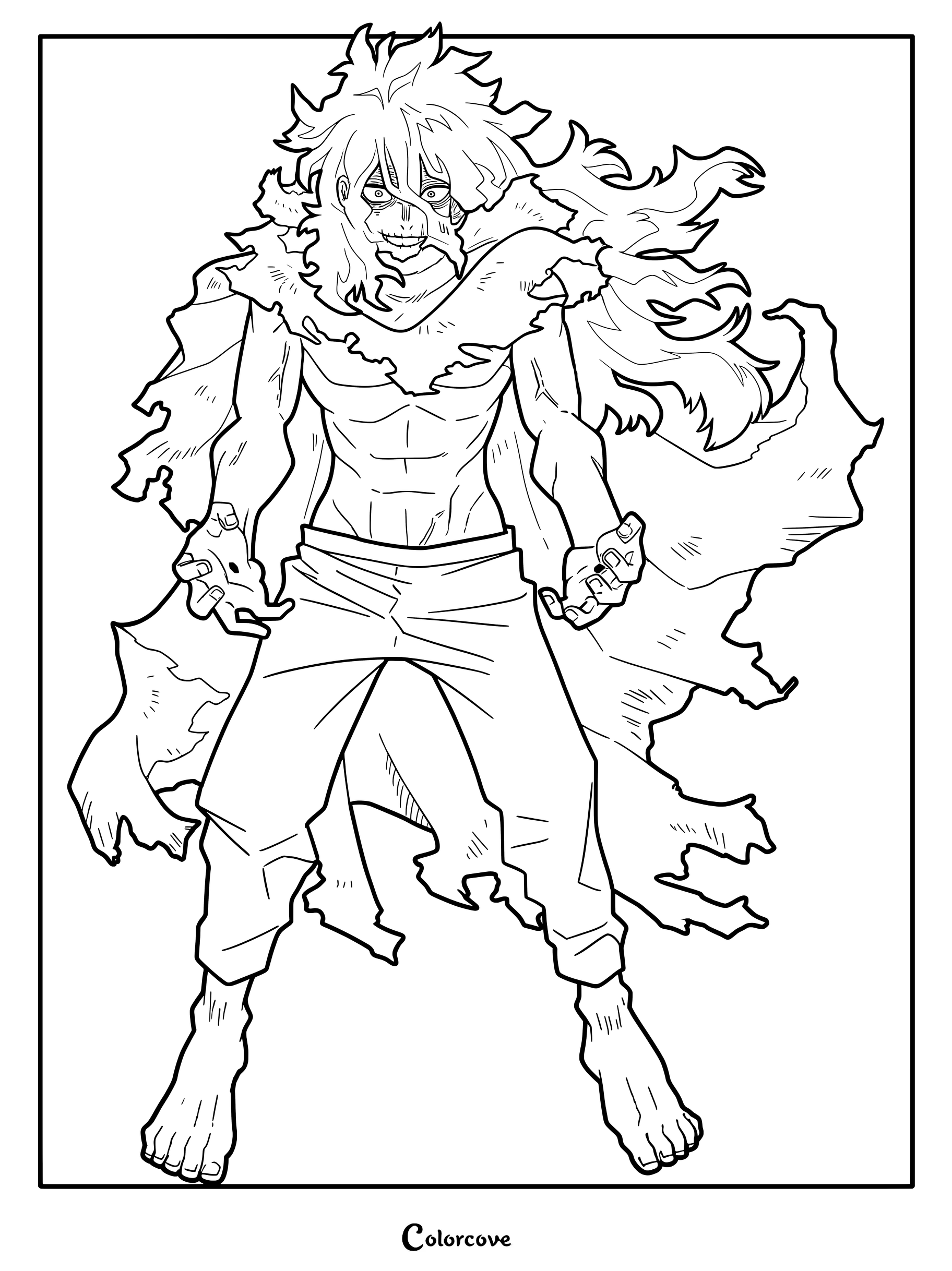 Tomura Shigaraki with wild hair and tattered cape in a menacing stance, printable coloring page.