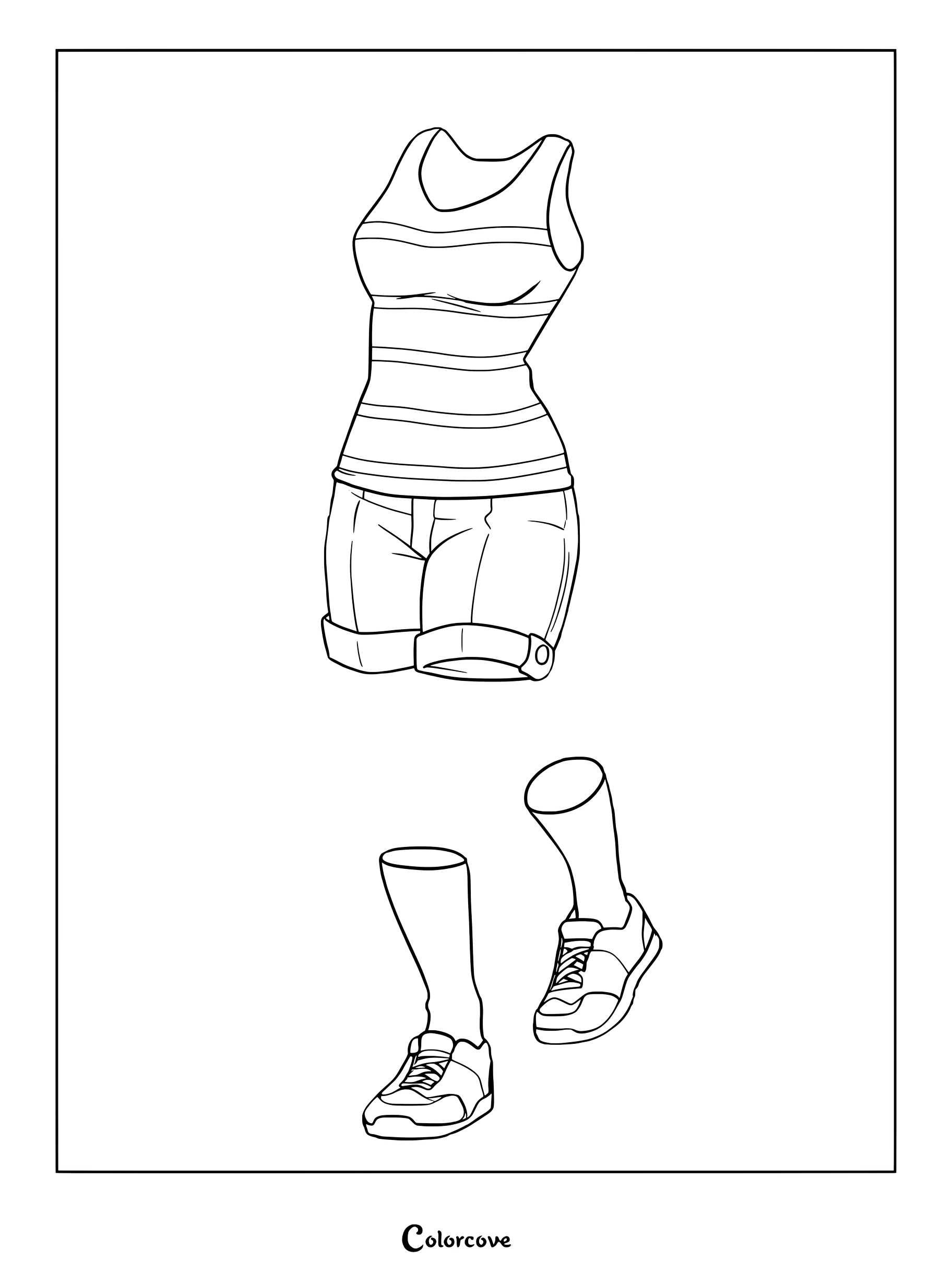 Toru Hagakure Invisible Girl wearing a striped tank top, shorts, and sneakers in this printable My Hero Academia coloring page.