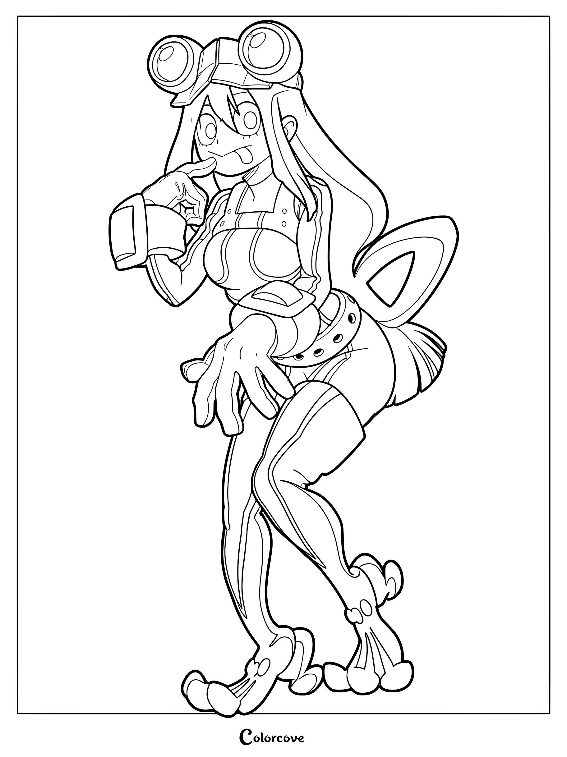 Tsuyu Asui (Froppy) from My Hero Academia wearing her hero costume with goggles, posing with her finger to her chin in this printable coloring page.