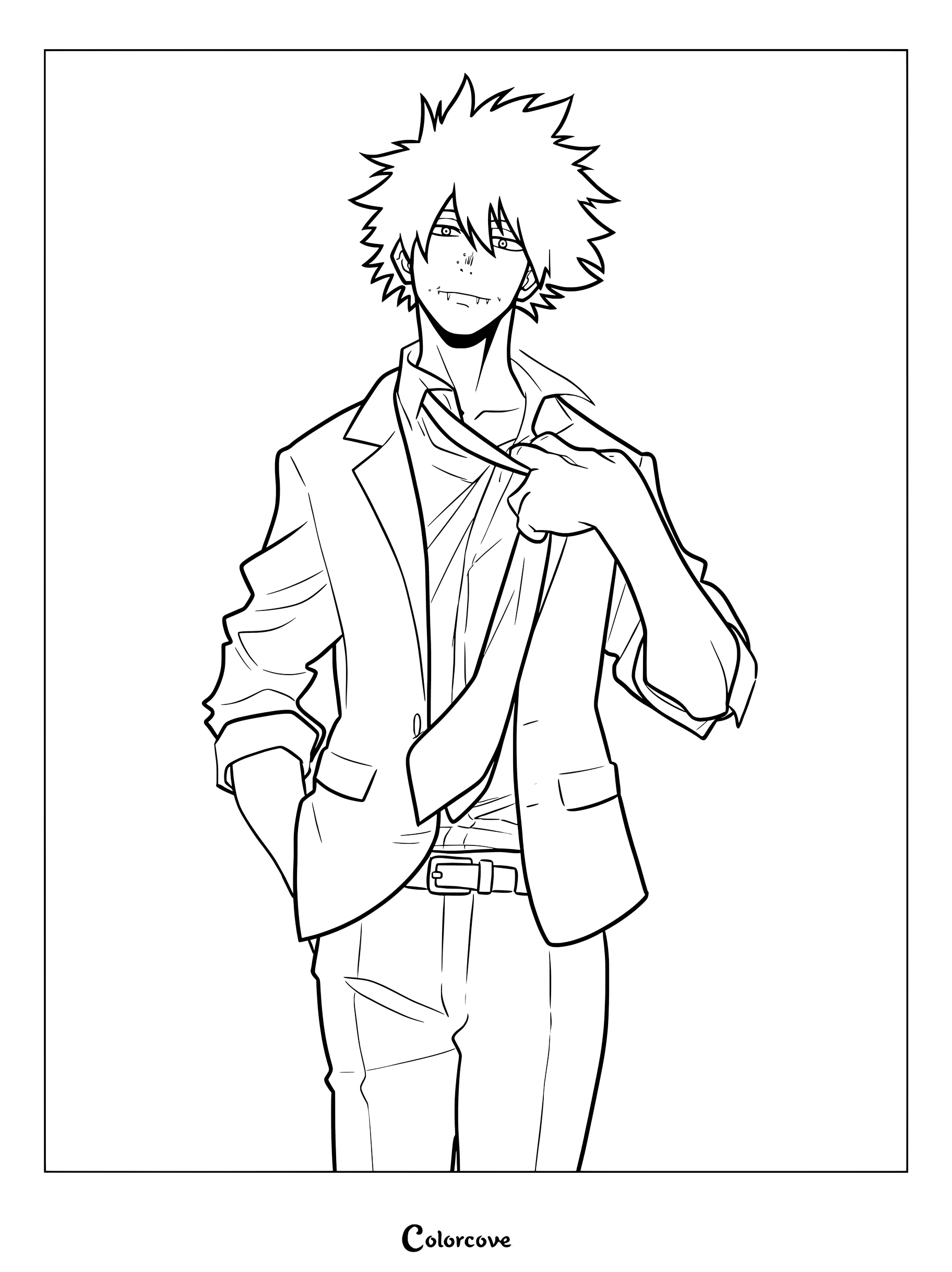 Dabi from My Hero Academia wearing a suit and loosening his tie in this printable coloring page.