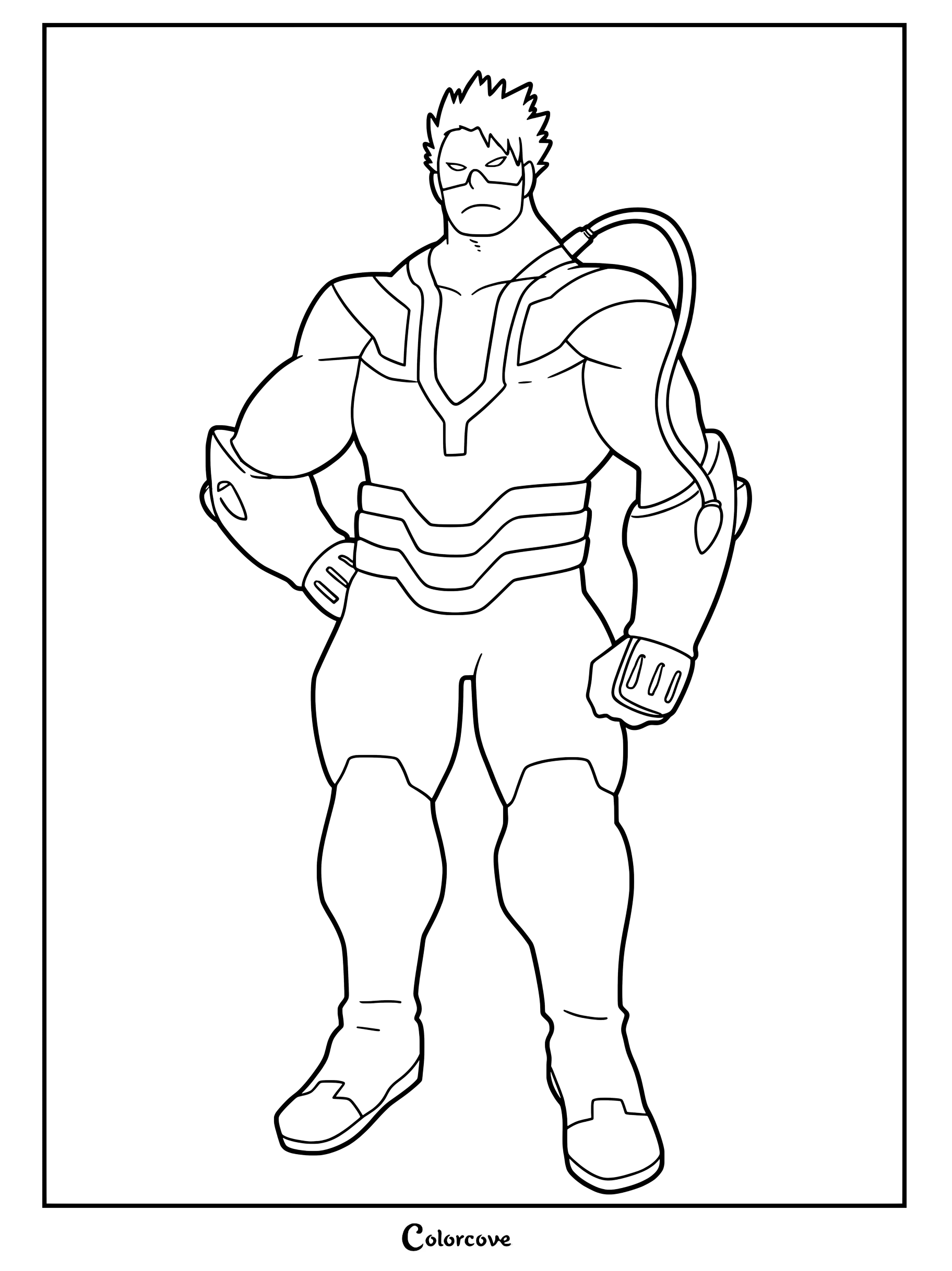 Vlad King standing in his hero costume, a detailed My Hero Academia coloring page.
