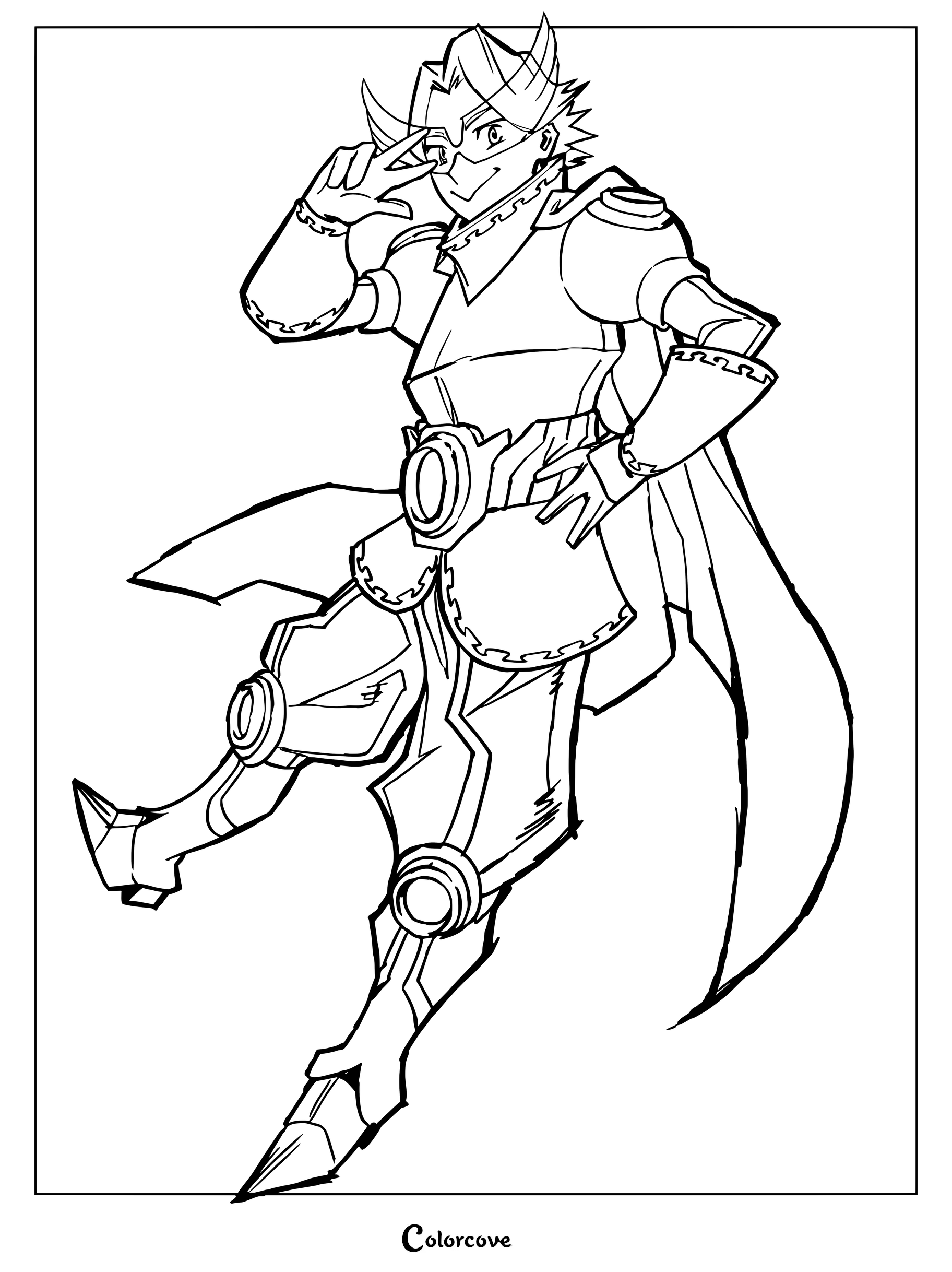 Yuga Aoyama from My Hero Academia in his hero costume performing his Can't Stop Twinkling pose in a printable line art coloring page.