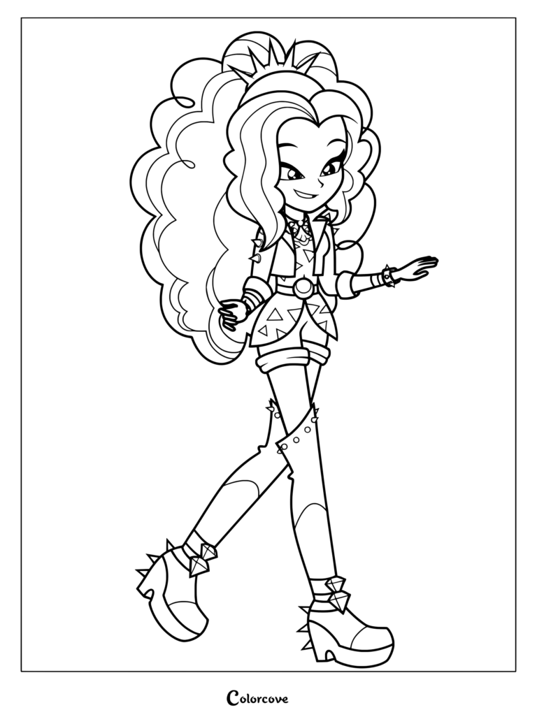 Coloriage d'Adagio Dazzle mettant en valeur sa tenue élégante et ses cheveux bouclés volumineux