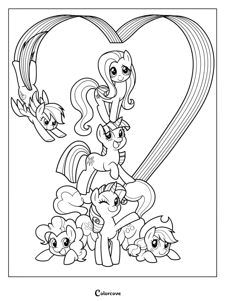 Page de coloriage des personnages Mane Six de My Little Pony avec Rainbow Dash, Fluttershy, Twilight Sparkle, Rarity, Pinkie Pie et Applejack formant un groupe d'amies sous un cœur arc-en-ciel
