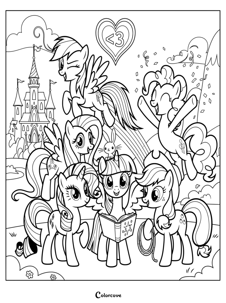 Page de coloriage des Mane Six réunies devant un château sous l'icône d'un cœur