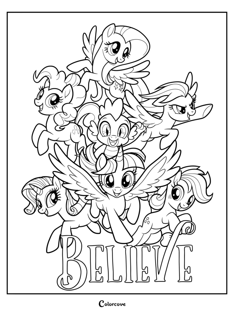 Page de coloriage style poster artistique « Believe » des personnages Mane Six de My Little Pony avec Twilight Sparkle, Rarity, Pinkie Pie, Fluttershy, Applejack, Rainbow Dash et Spike