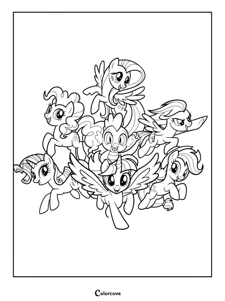 Page de coloriage style poster artistique des personnages Mane Six de My Little Pony réunissant Twilight Sparkle, Pinkie Pie, Rainbow Dash, Rarity, Fluttershy, Applejack et Spike