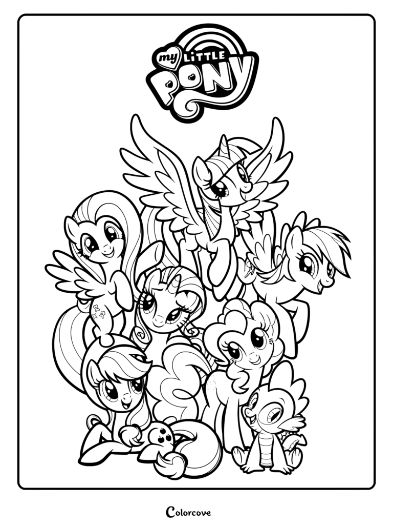 Page de coloriage style poster artistique des personnages Mane Six de My Little Pony avec Twilight Sparkle, Applejack, Rarity, Fluttershy, Pinkie Pie et Rainbow Dash