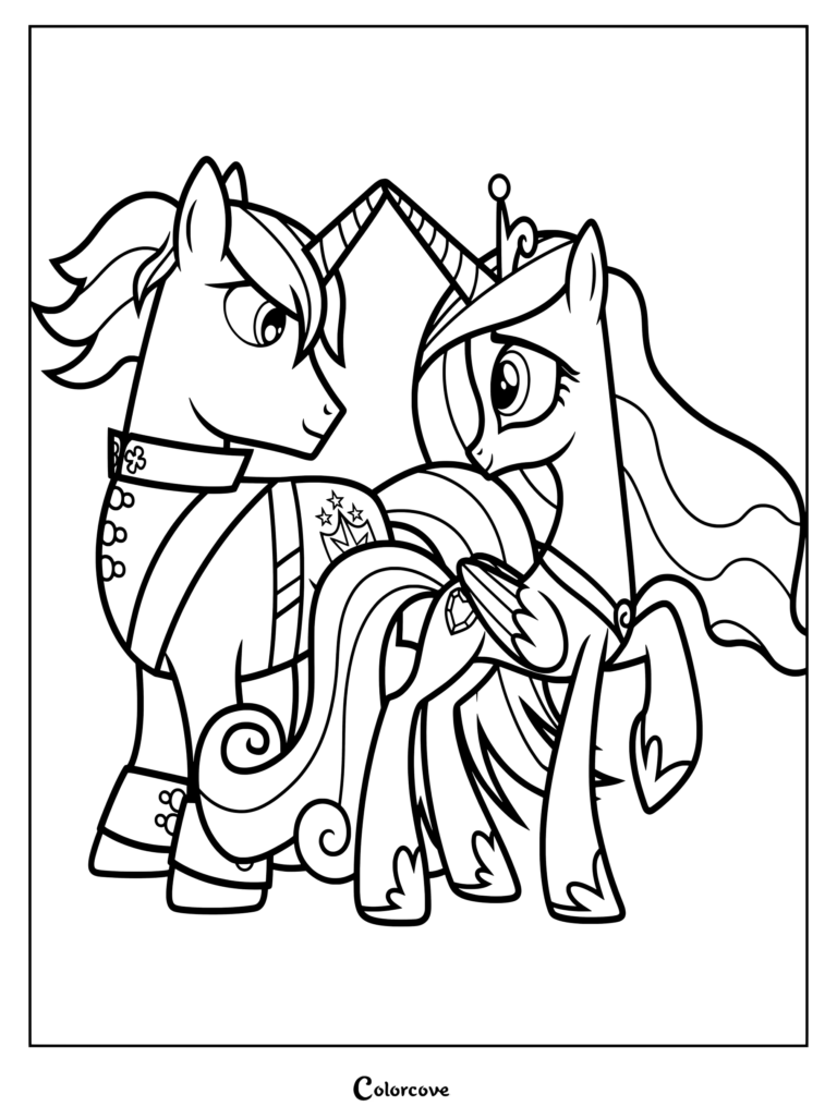 Page de coloriage de Princesse Cadance et Shining Armor montrant le couple royal côte à côte affectueusement.