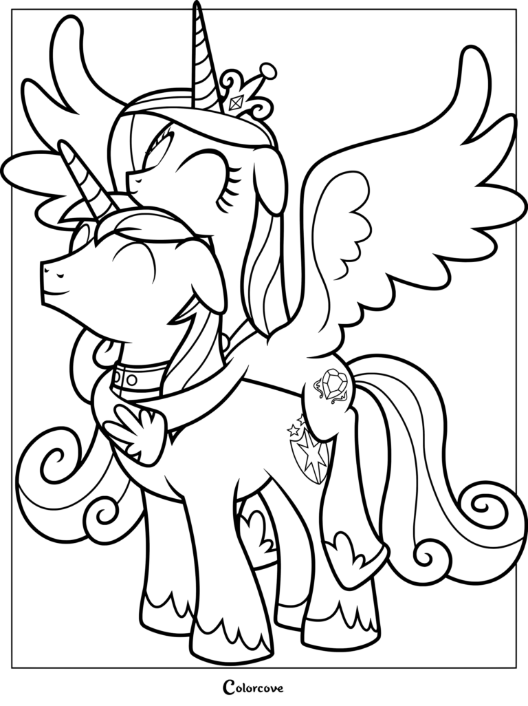 Princesse Cadance enlaçant Shining Armor dans cette page de coloriage à imprimer