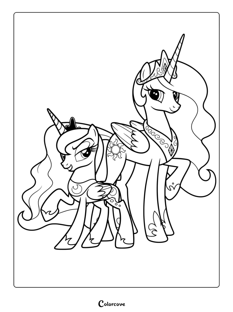 Page de coloriage de Princesse Celestia et Princesse Luna représentant les sœurs royales ensemble avec leurs couronnes et leurs marques de beauté