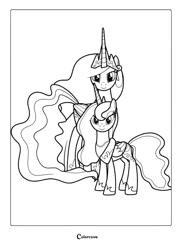 Page de coloriage à imprimer représentant Princesse Celestia et Princesse Luna côte à côte avec des crinières flottantes et des couronnes ornées