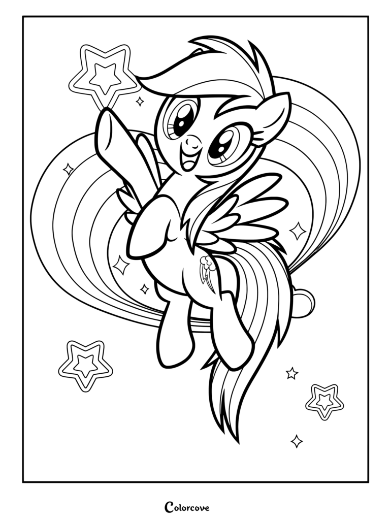 Coloriage de Rainbow Dash montrant la joyeuse poney volant heureusement parmi les étoiles et un arc-en-ciel tourbillonnant.