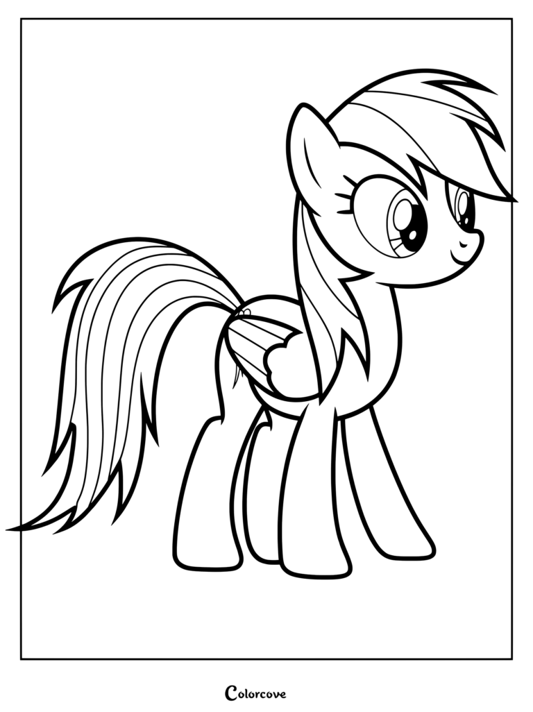 Coloriage de Rainbow Dash montrant le personnage debout et regardant en arrière.