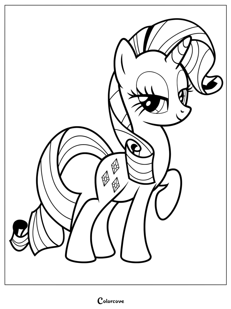 Coloriage de Rarity montrant la poney licorne très tendance avec une crinière coiffée et sa marque de beauté en diamant