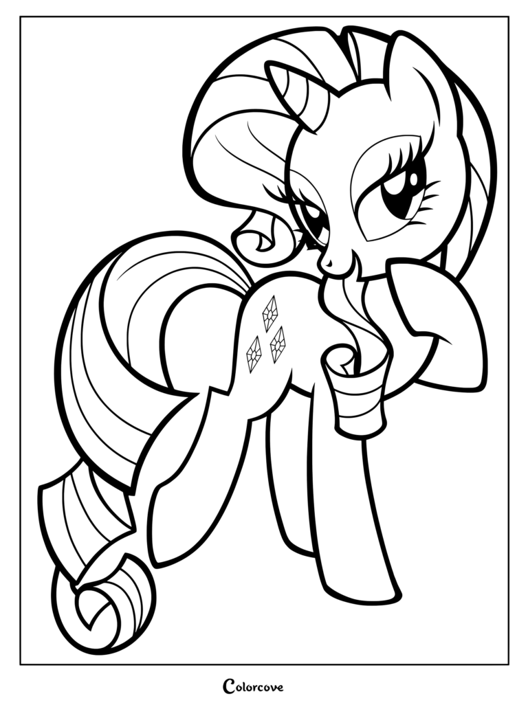 Coloriage de Rarity mettant en scène la poney licorne élégante posant avec grâce avec sa crinière et sa queue emblématiques