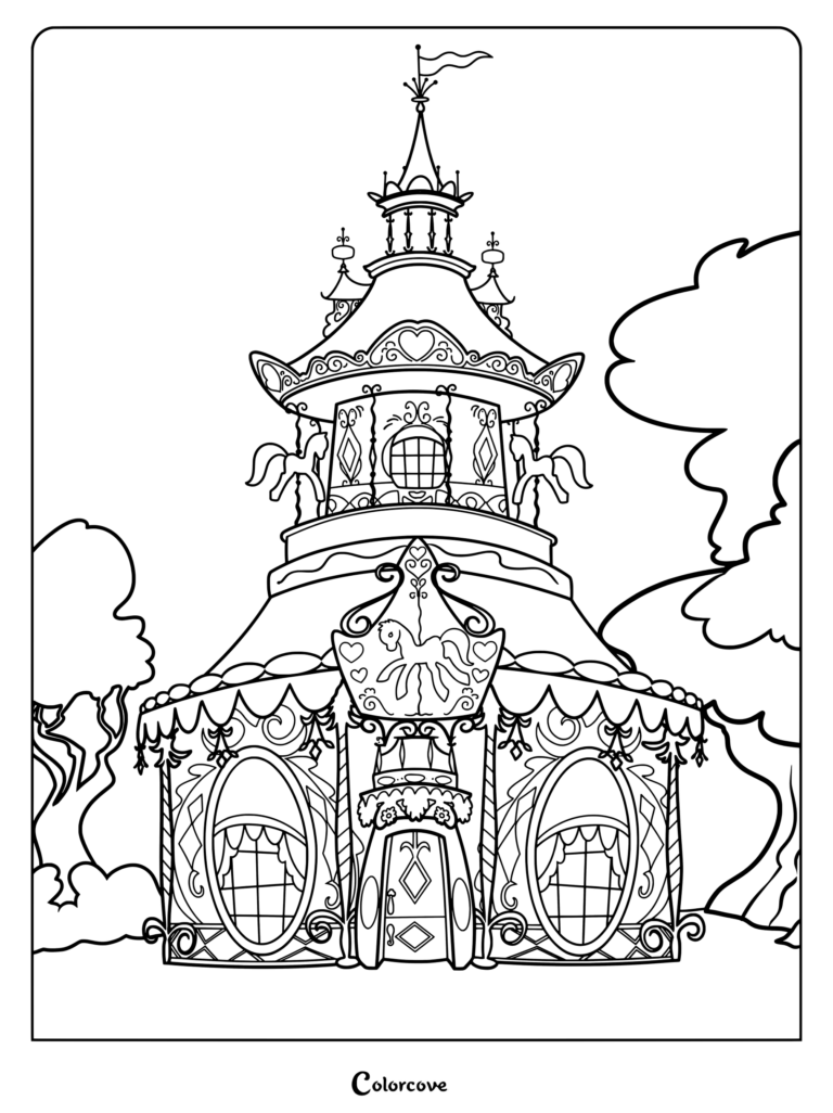 Coloriage de la Boutique Carrousel de Rarity présentant un bâtiment détaillé sur le thème du carrousel avec des fenêtres ornementées, une haute flèche et des décorations de toit