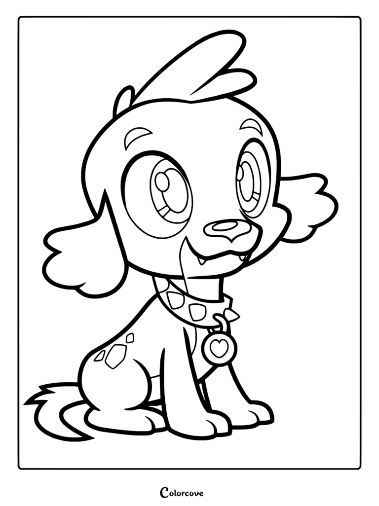 Coloriage de Spike le chien représentant un adorable chiot assis avec un collier à piques et un médaillon en cœur