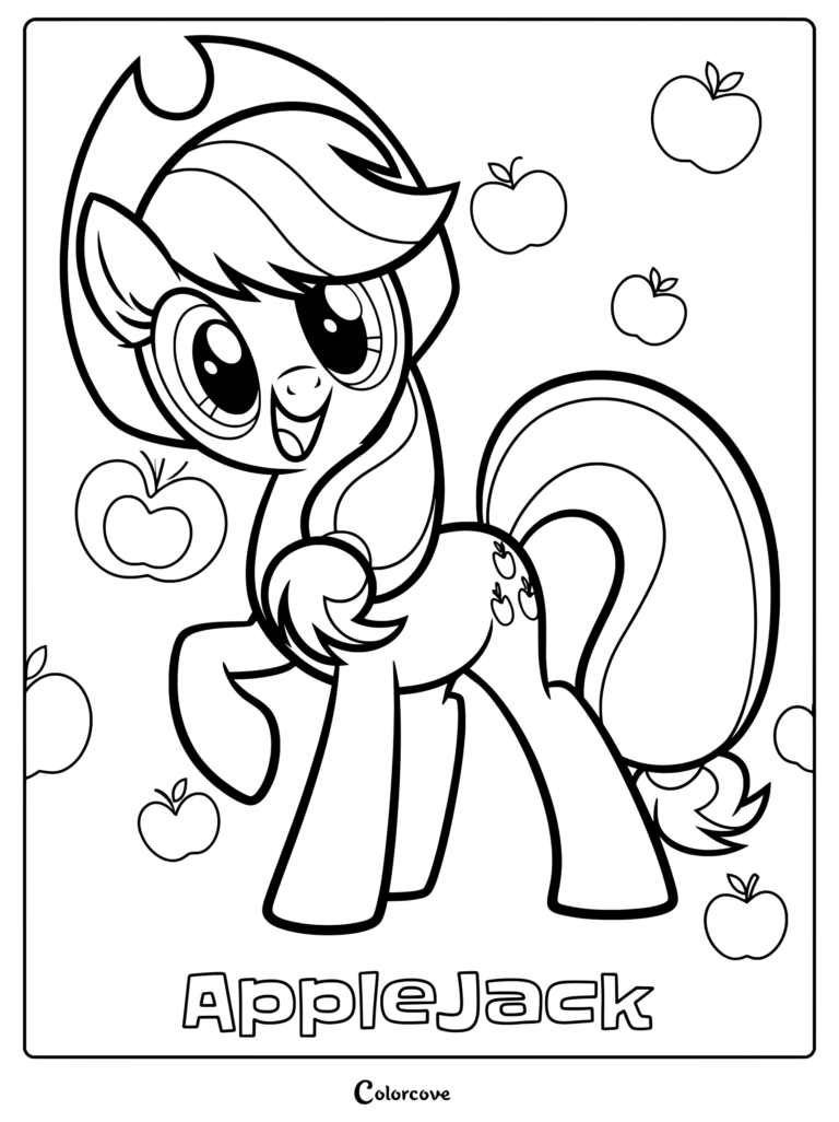Coloriage à imprimer d'Applejack portant son chapeau de cow-boy emblématique entourée de pommes qui tombent