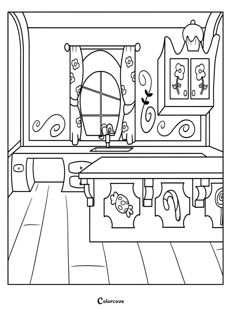 Coloriage de la cuisine du Sugarcube Corner montrant l'intérieur chaleureux d'une boulangerie avec un évier, une fenêtre et des placards décorés de friandises