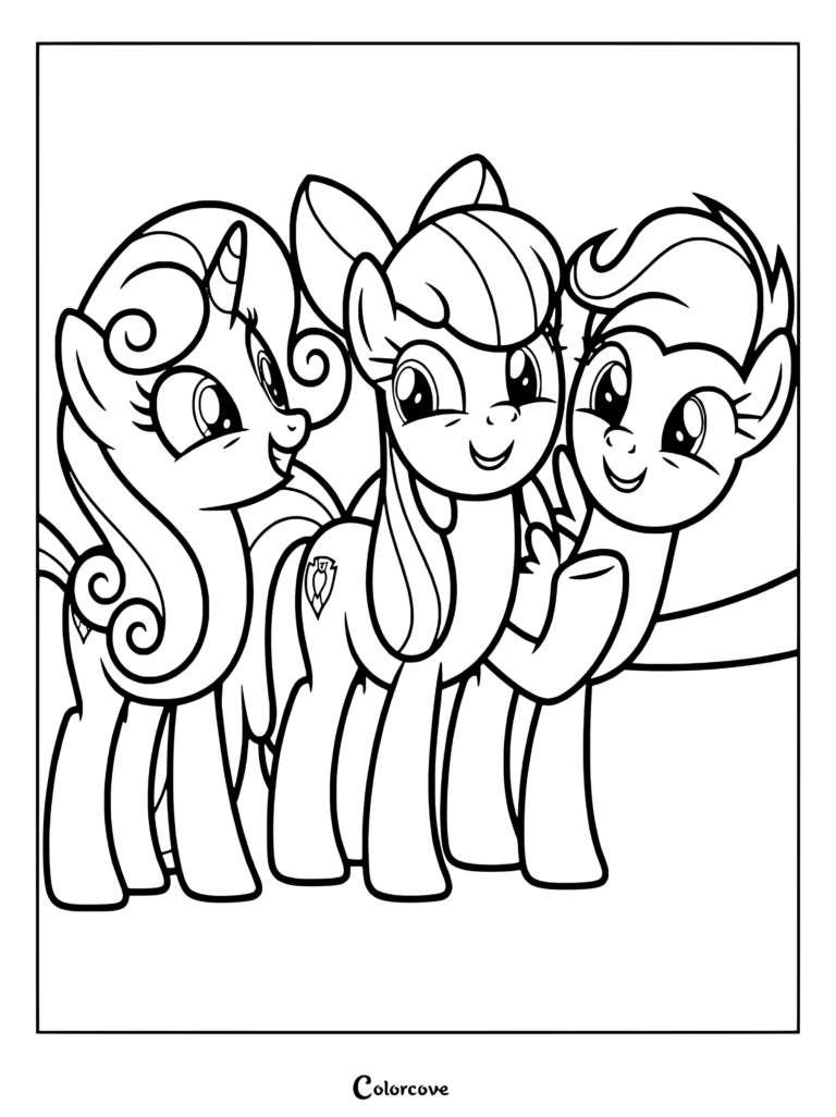 Page de coloriage des Chercheuses de marque de beauté représentant Sweetie Belle, Apple Bloom et Scootaloo ensemble tout sourire