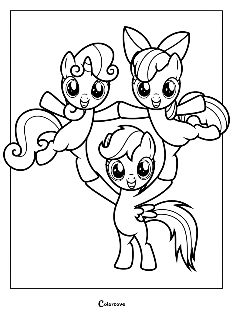 Page de coloriage des Chercheuses de marque de beauté représentant Sweetie Belle, Apple Bloom et Scootaloo formant une pyramide.