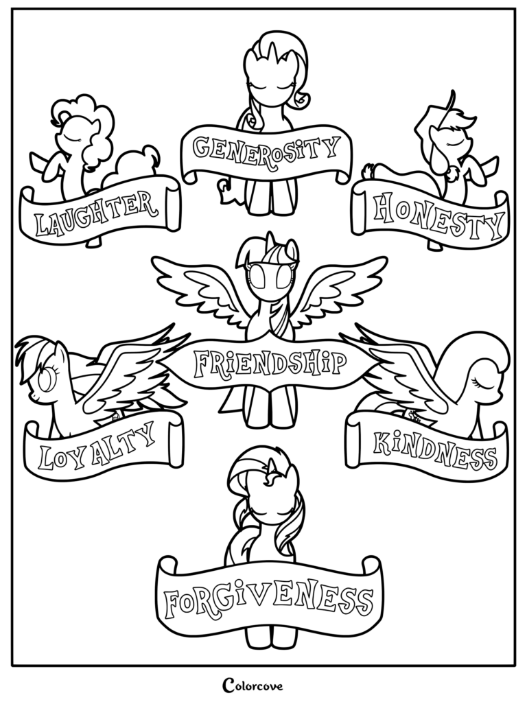 Page de coloriage des Éléments d'harmonie mettant en scène les personnages de My Little Pony avec des bannières Rire, Générosité, Honnêteté, Loyauté, Gentillesse et Pardon