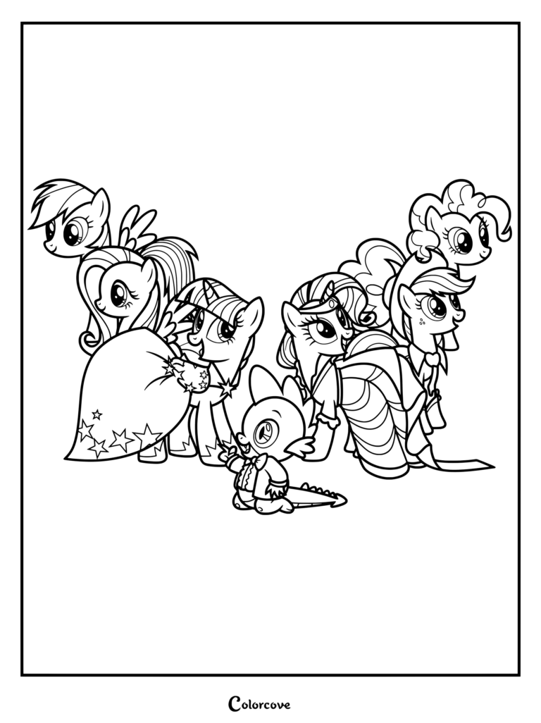 Page de coloriage des personnages de My Little Pony habillés pour le Grand Gala au Galop