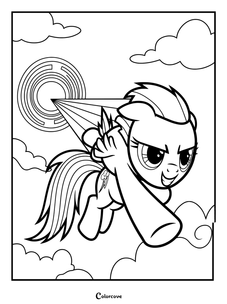 Coloriage dynamique de Rainbow Dash réalisant son mouvement emblématique, l'Implosion d'arc-en-ciel