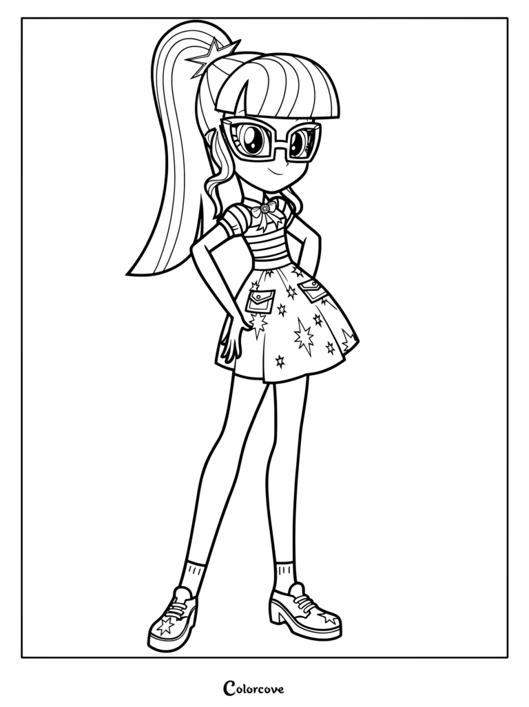 Coloriage de Sci-Twi Twilight Sparkle de My Little Pony Equestria Girls portant des lunettes et une jupe imprimée d'étoiles