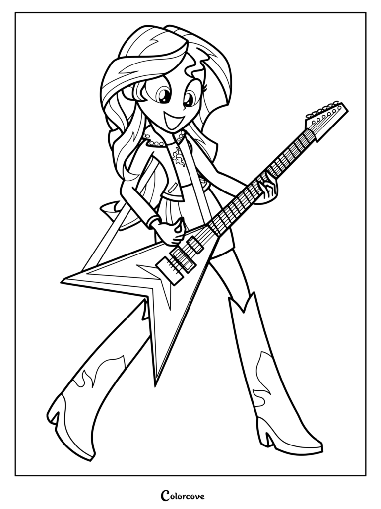 Coloriage de Sunset Shimmer jouant de la guitare électrique