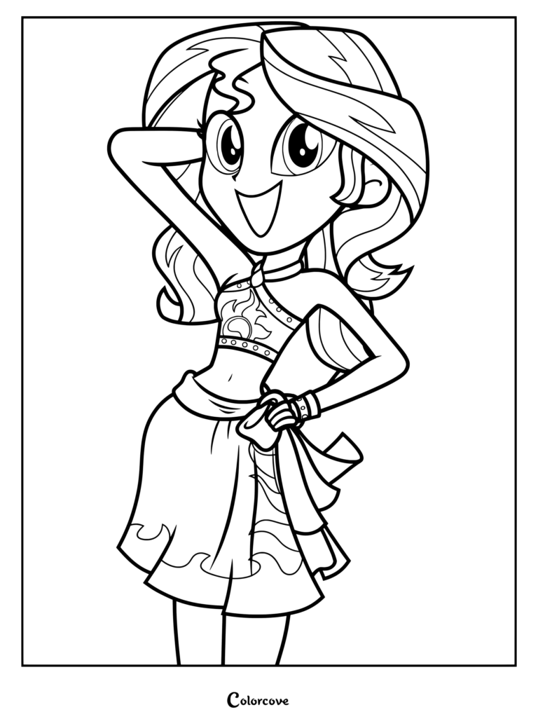 Sunset Shimmer, personnage principal de la franchise My Little Pony Equestria Girls, prenant la pose pour un coloriage à imprimer